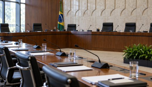 Imagem editorial ilustrativa de sala de reunião institucional, sem representantes ou campanha identificável.