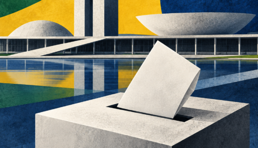 Ilustração editorial de urna simbólica diante de prédios públicos, em referência ao resultado das eleições de 2026.