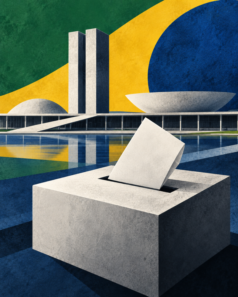 Ilustração editorial de urna simbólica diante de prédios públicos, em referência ao resultado das eleições de 2026.